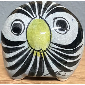 Vintage Mexican Tonala Pottery Owl Hand Painted Glazed Floral Yellow Nose As Is